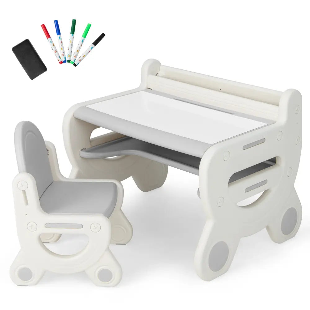 Kids Drawing Table and Chair Set with Watercolor Pens and Blackboard Eraser-Gray - Gray - Kids Table & Chair Sets