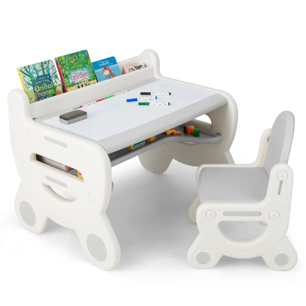 Kids Drawing Table and Chair Set with Watercolor Pens and Blackboard Eraser-Gray - Gray - Kids Table & Chair Sets