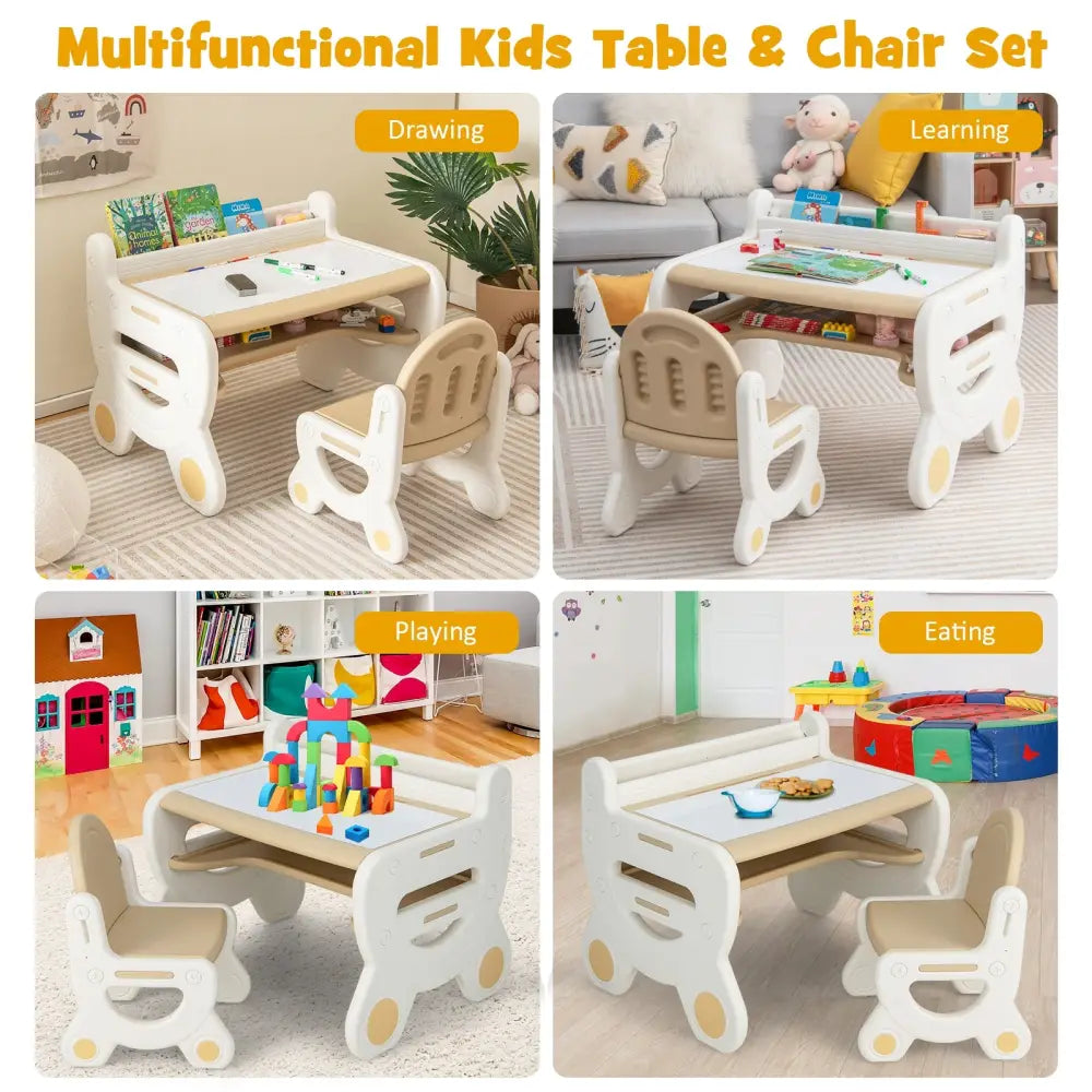 Kids Drawing Table and Chair Set with Watercolor Pens and Blackboard Eraser-Brown - Brown - Kids Table & Chair Sets