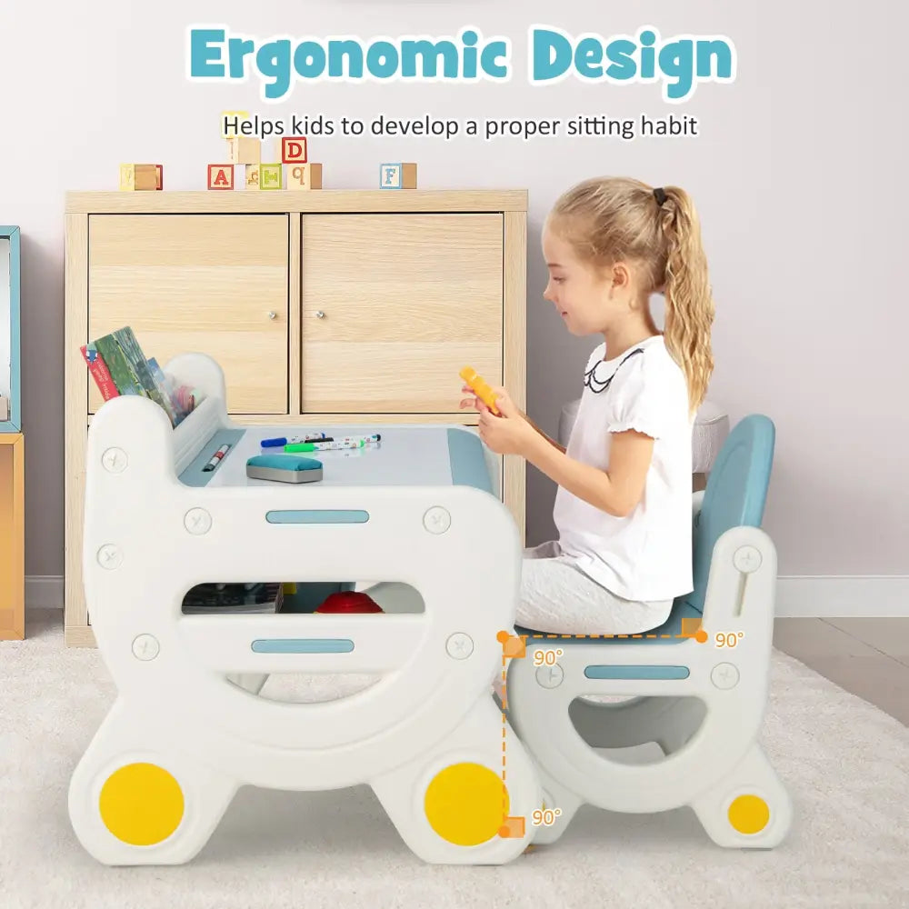 Kids Drawing Table and Chair Set with Watercolor Pens and Blackboard Eraser-Blue - Blue - Kids Table & Chair Sets
