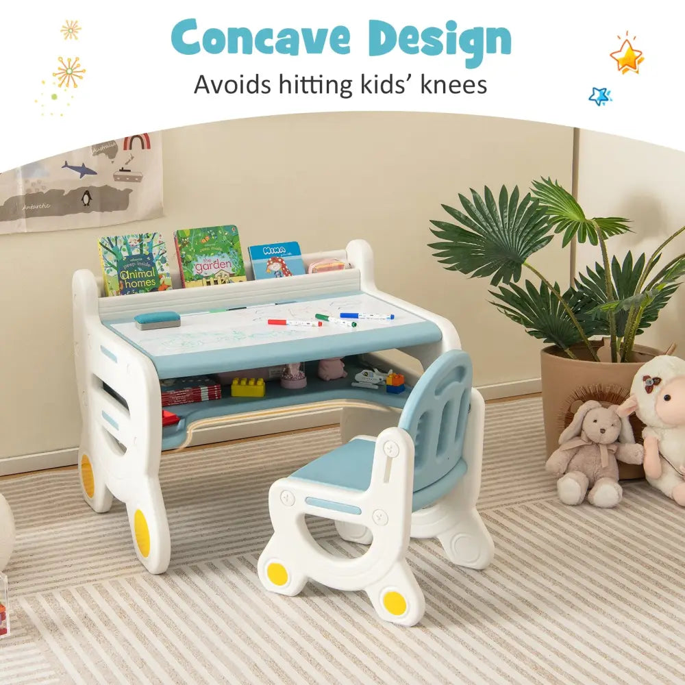 Kids Drawing Table and Chair Set with Watercolor Pens and Blackboard Eraser-Blue - Blue - Kids Table & Chair Sets