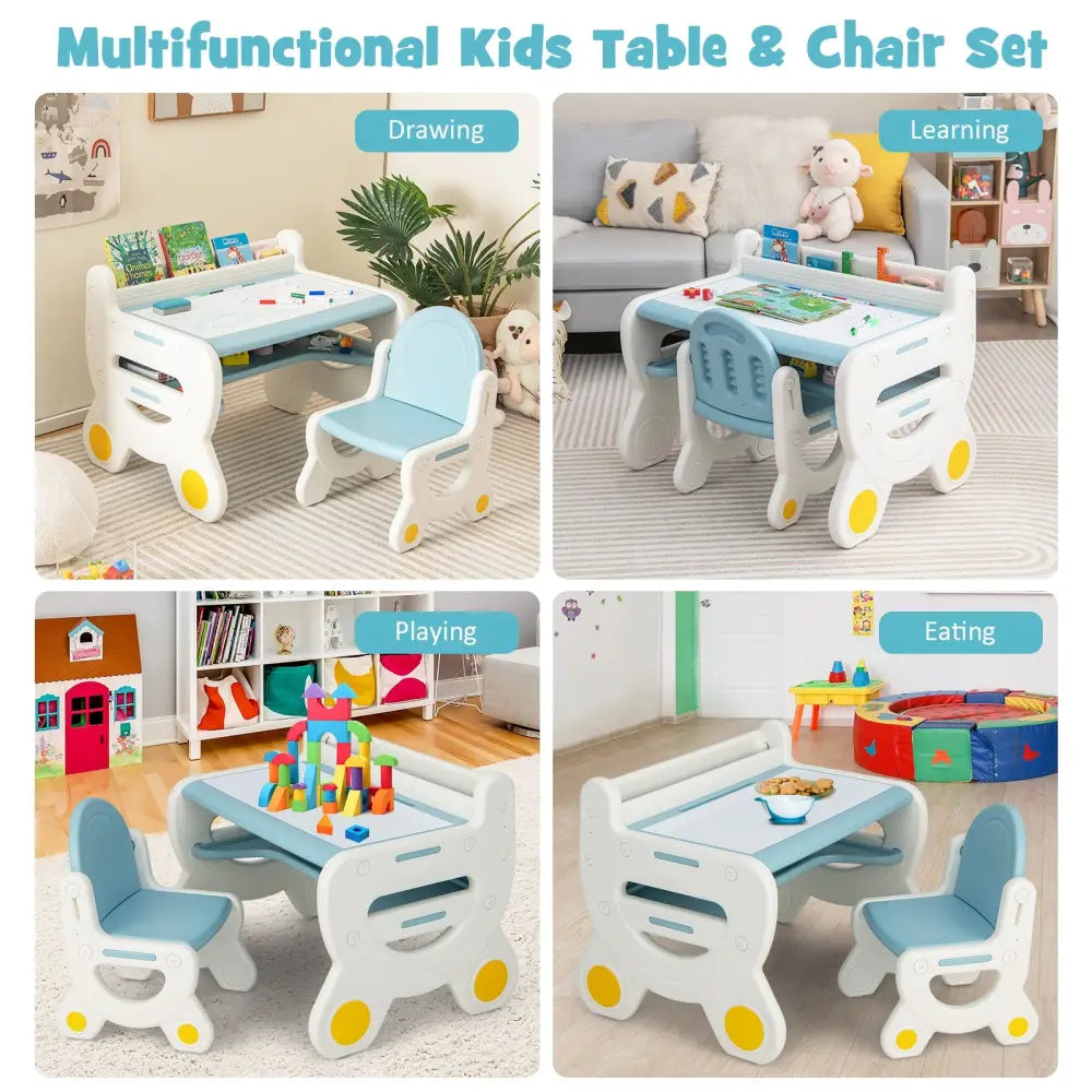 Kids Drawing Table and Chair Set with Watercolor Pens and Blackboard Eraser-Blue - Blue - Kids Table & Chair Sets
