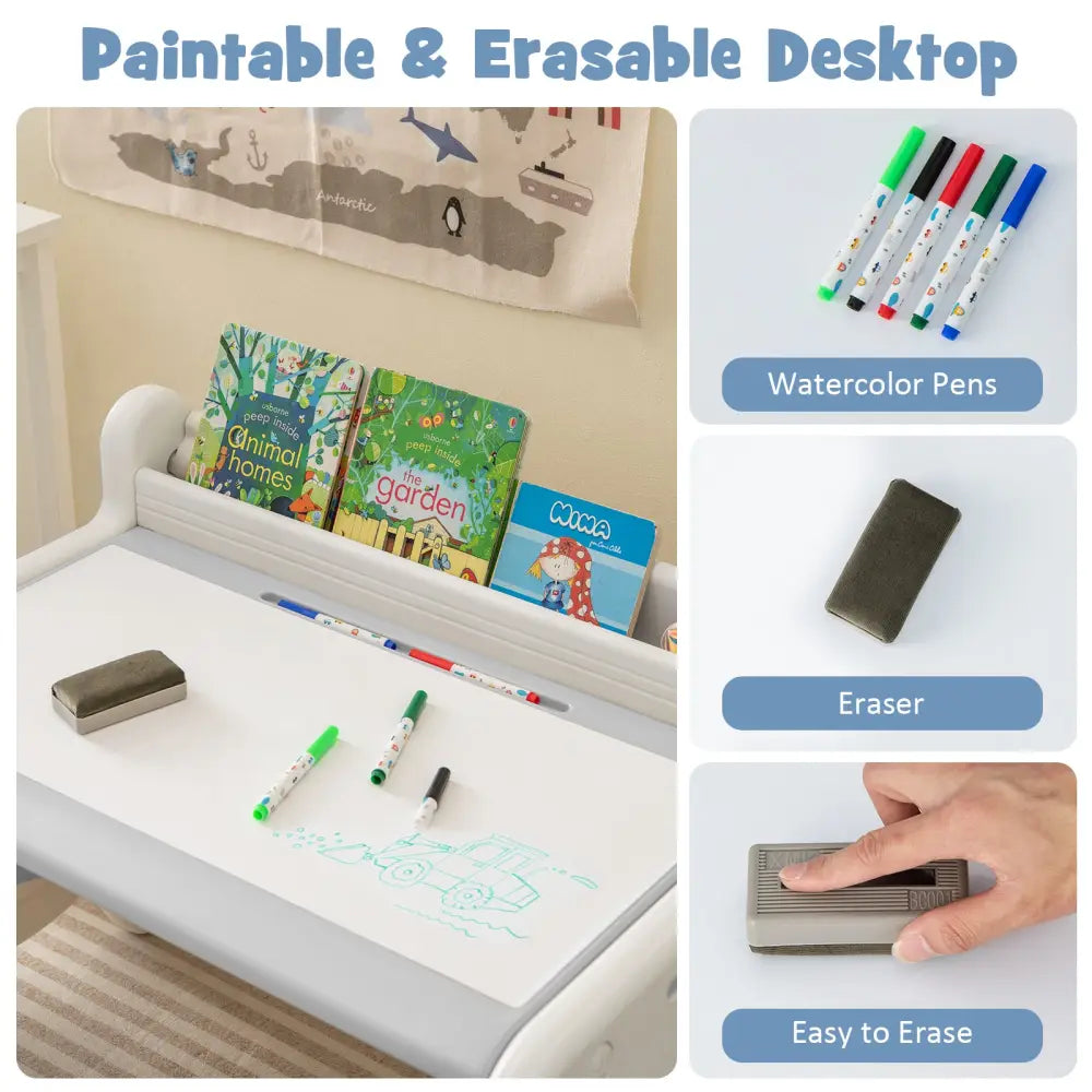 Kids Drawing Table and Chair Set with Watercolor Pens and Blackboard Eraser-Gray - Gray - Kids Table & Chair Sets
