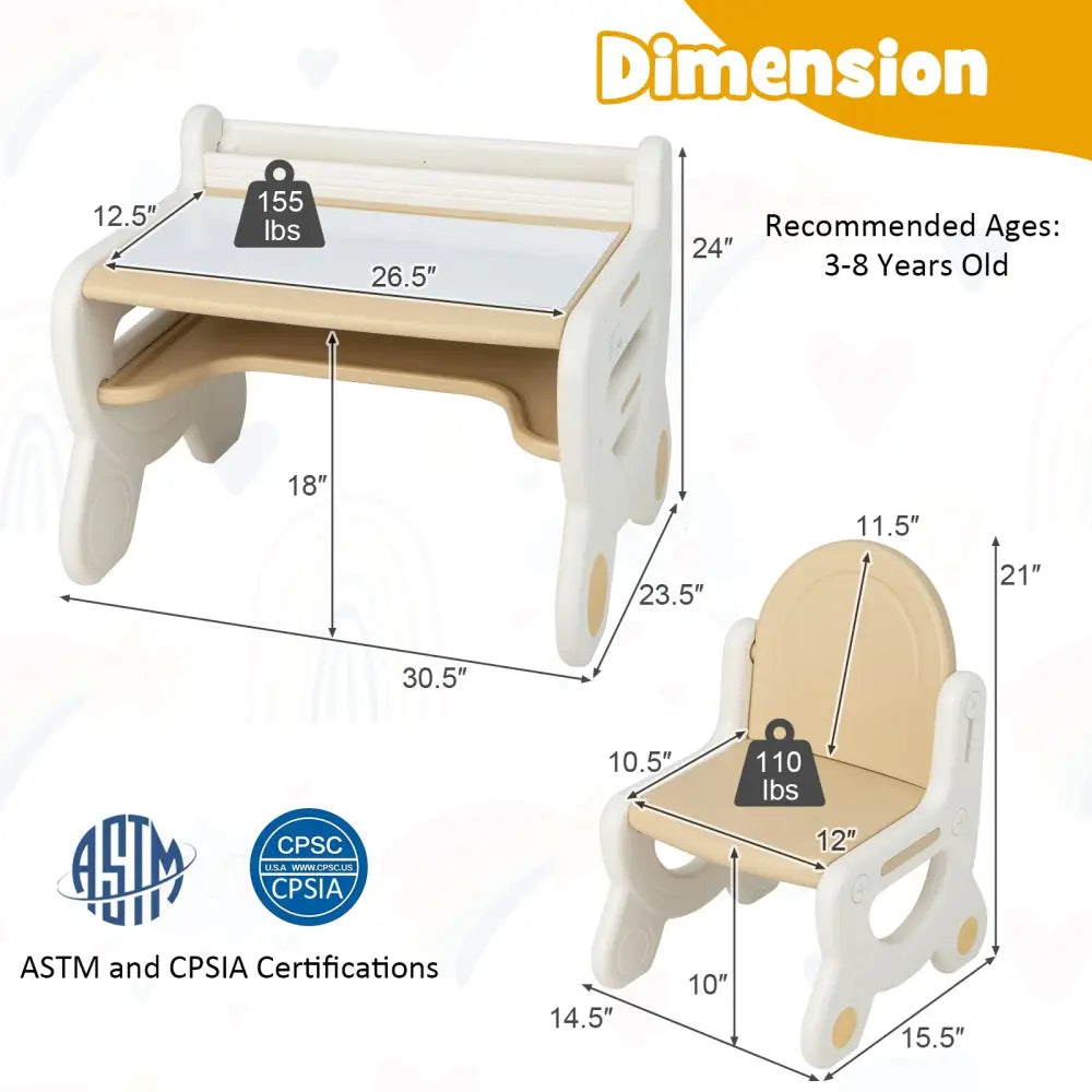 Kids Drawing Table and Chair Set with Watercolor Pens and Blackboard Eraser-Brown - Brown - Kids Table & Chair Sets