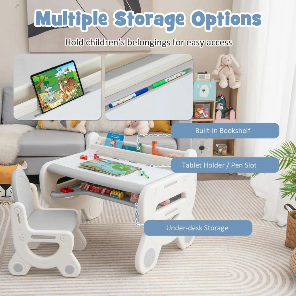 Kids Drawing Table and Chair Set with Watercolor Pens and Blackboard Eraser-Gray - Gray - Kids Table & Chair Sets