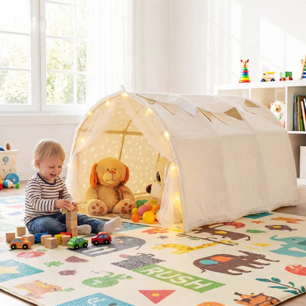 Kids Dream Bed Tent Twin Bunk Bed with Glow in the Dark Stars and Lights-Beige - Beige - Play Tents & Playhouse