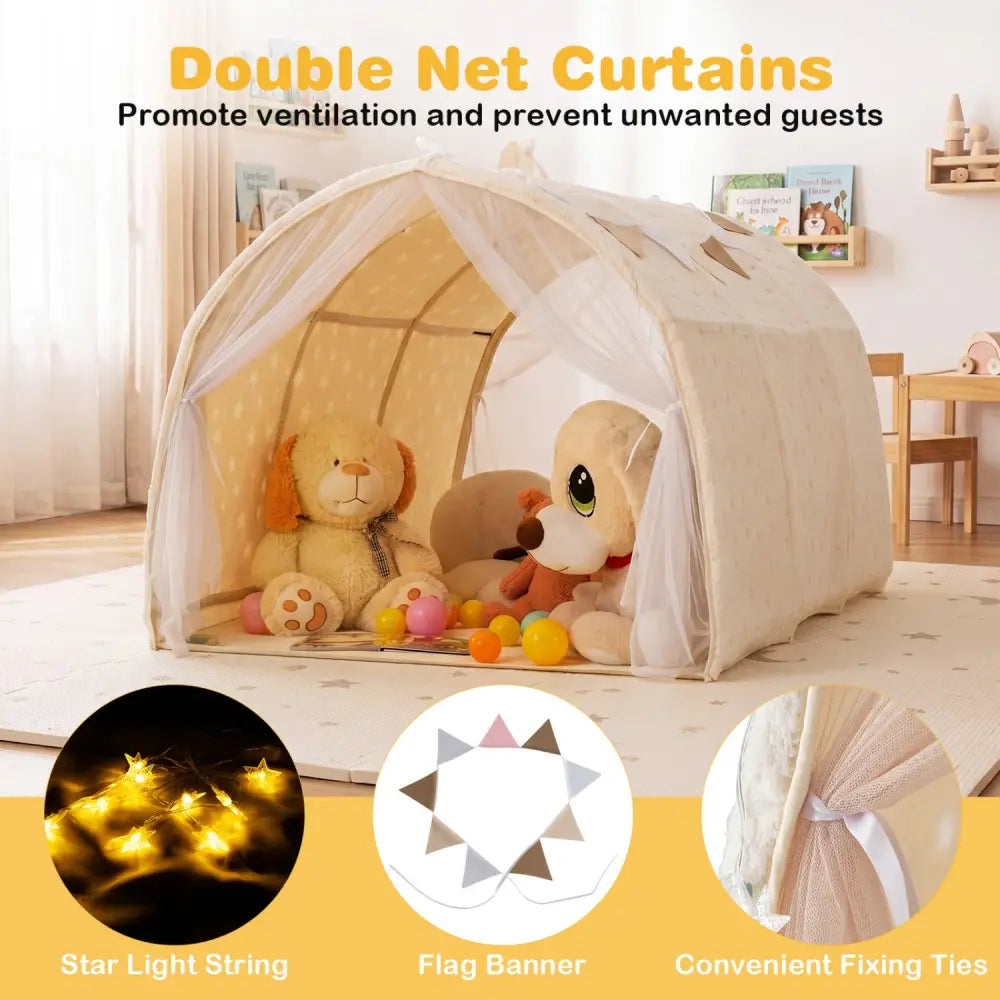 Kids Dream Bed Tent Twin Bunk Bed with Glow in the Dark Stars and Lights-Beige - Beige - Play Tents & Playhouse