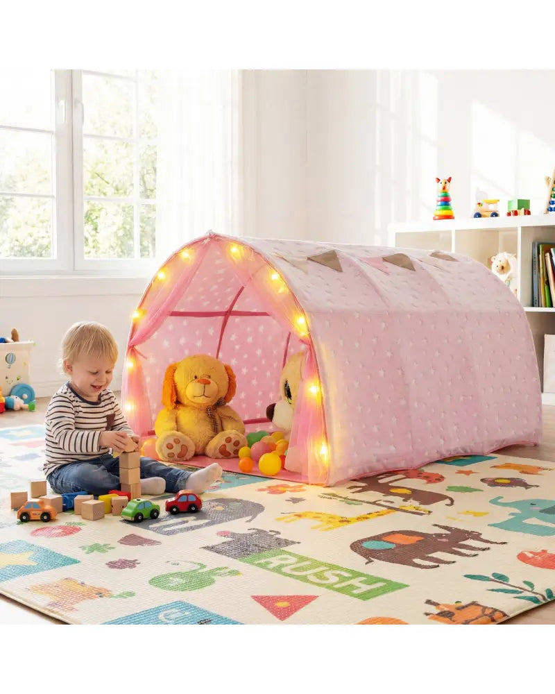 Kids Dream Bed Tent Twin Bunk Bed with Glow in the Dark Stars and Lights-Pink - Pink - Play Tents & Playhouse