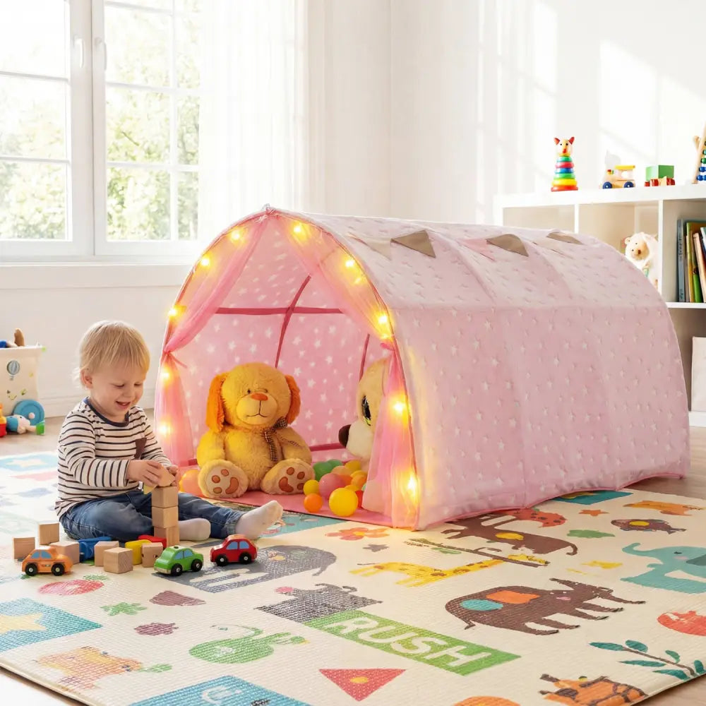 Kids Dream Bed Tent Twin Bunk Bed with Glow in the Dark Stars and Lights-Pink - Pink - Play Tents & Playhouse