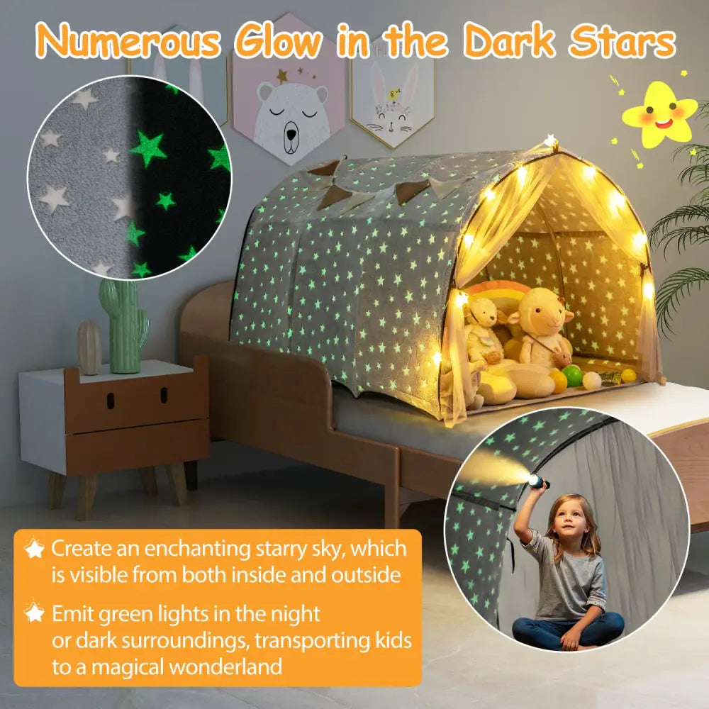 Kids Dream Bed Tent Twin Bunk Bed with Glow in the Dark Stars and Lights-Gray - Gray - Play Tents & Playhouse