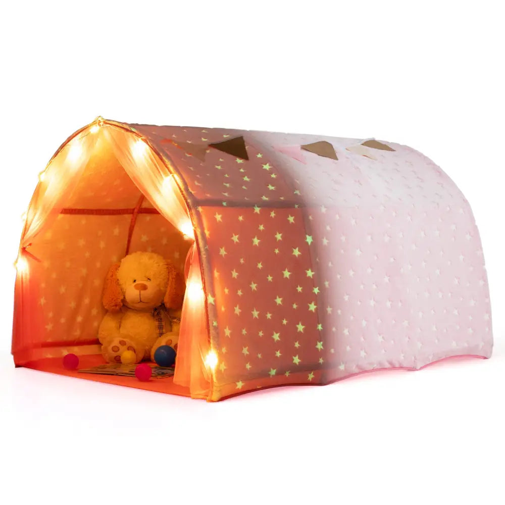 Kids Dream Bed Tent Twin Bunk Bed with Glow in the Dark Stars and Lights-Pink - Pink - Play Tents & Playhouse