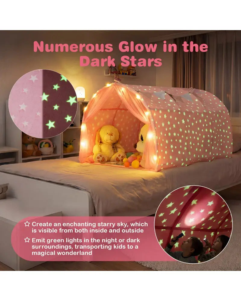 Kids Dream Bed Tent Twin Bunk Bed with Glow in the Dark Stars and Lights-Pink - Pink - Play Tents & Playhouse