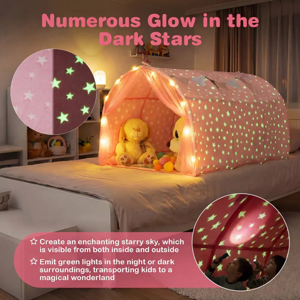 Kids Dream Bed Tent Twin Bunk Bed with Glow in the Dark Stars and Lights-Pink - Pink - Play Tents & Playhouse