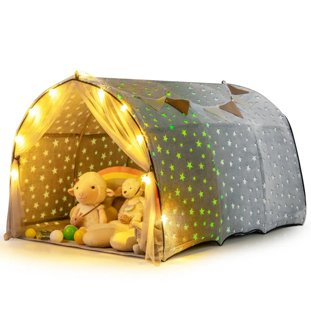 Kids Dream Bed Tent Twin Bunk Bed with Glow in the Dark Stars and Lights-Gray - Gray - Play Tents & Playhouse
