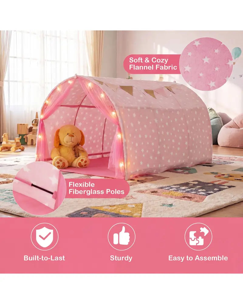 Kids Dream Bed Tent Twin Bunk Bed with Glow in the Dark Stars and Lights-Pink - Pink - Play Tents & Playhouse