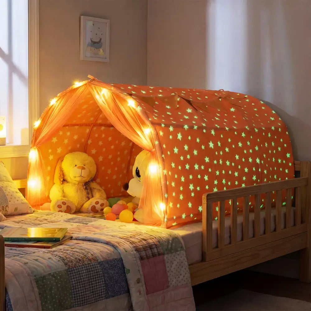 Kids Dream Bed Tent Twin Bunk Bed with Glow in the Dark Stars and Lights-Pink - Pink - Play Tents & Playhouse