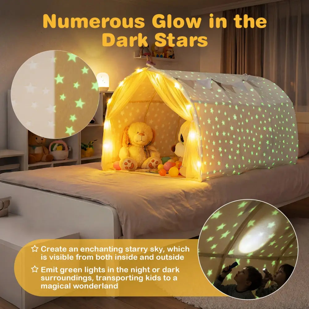 Kids Dream Bed Tent Twin Bunk Bed with Glow in the Dark Stars and Lights-Beige - Beige - Play Tents & Playhouse