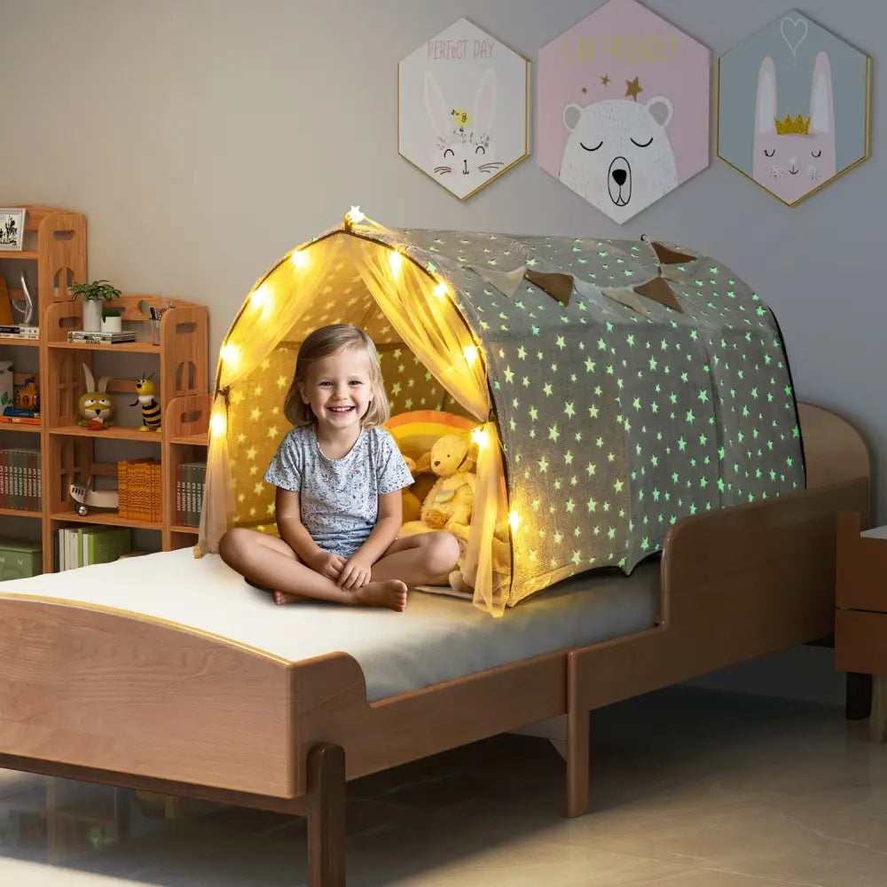 Kids Dream Bed Tent Twin Bunk Bed with Glow in the Dark Stars and Lights-Gray - Gray - Play Tents & Playhouse