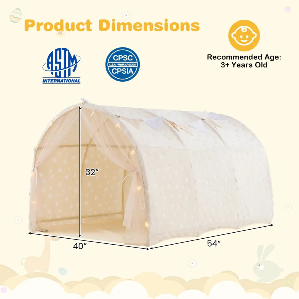 Kids Dream Bed Tent Twin Bunk Bed with Glow in the Dark Stars and Lights-Beige - Beige - Play Tents & Playhouse