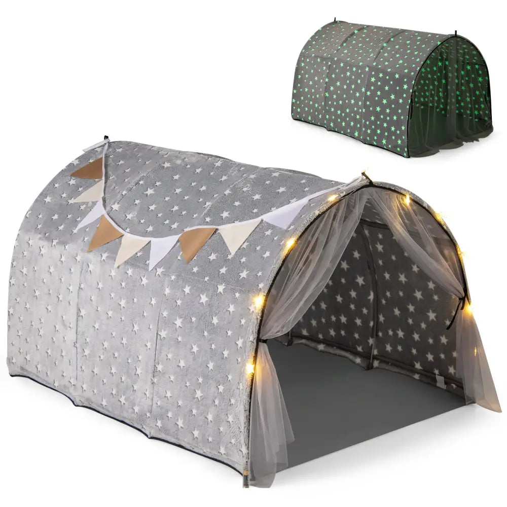 Kids Dream Bed Tent Twin Bunk Bed with Glow in the Dark Stars and Lights-Gray - Gray - Play Tents & Playhouse