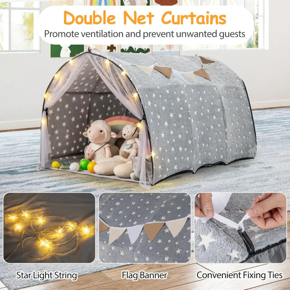 Kids Dream Bed Tent Twin Bunk Bed with Glow in the Dark Stars and Lights-Gray - Gray - Play Tents & Playhouse
