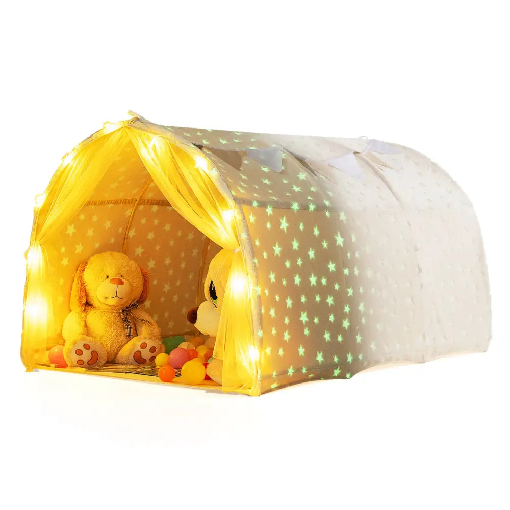 Kids Dream Bed Tent Twin Bunk Bed with Glow in the Dark Stars and Lights-Beige - Beige - Play Tents & Playhouse