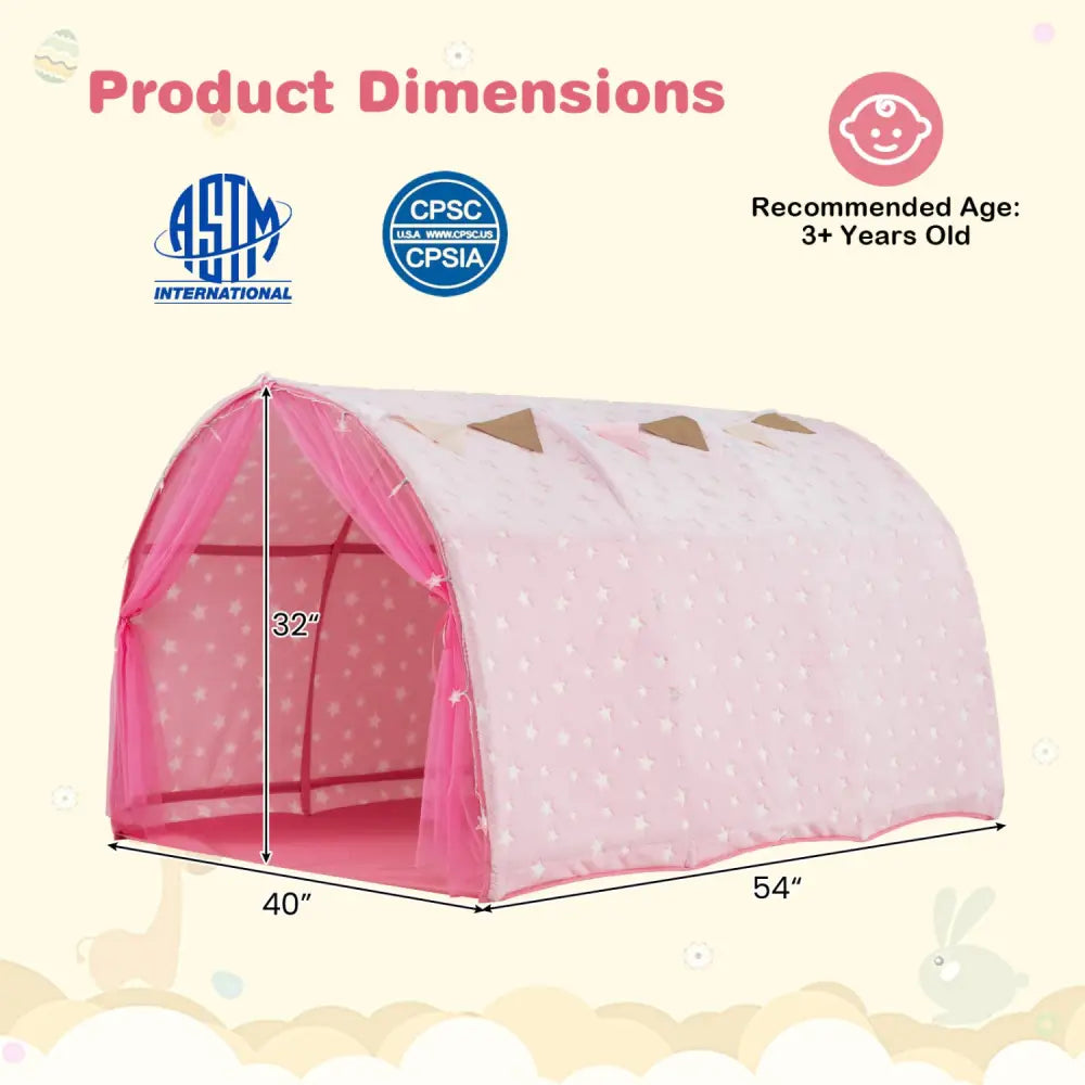 Kids Dream Bed Tent Twin Bunk Bed with Glow in the Dark Stars and Lights-Pink - Pink - Play Tents & Playhouse