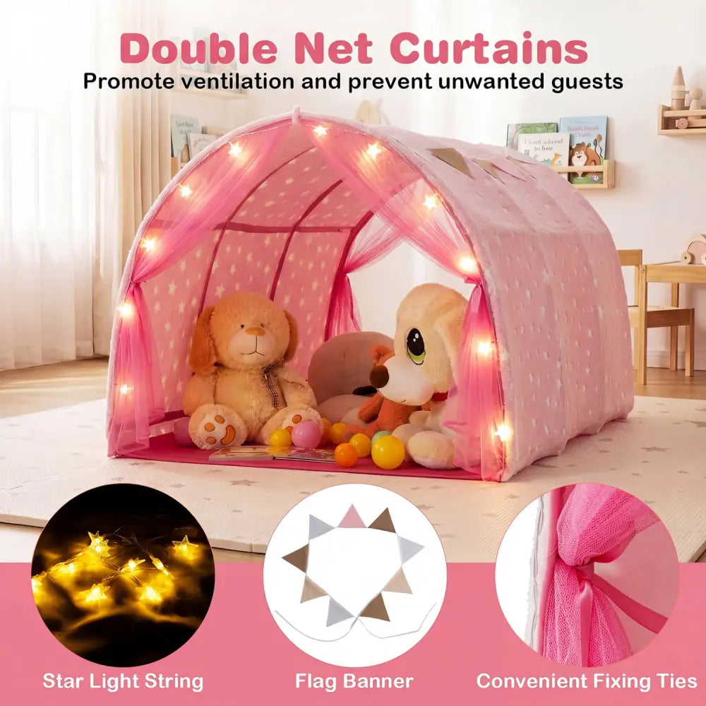 Kids Dream Bed Tent Twin Bunk Bed with Glow in the Dark Stars and Lights-Pink - Pink - Play Tents & Playhouse