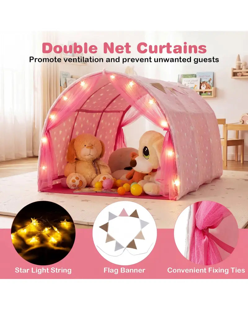 Kids Dream Bed Tent Twin Bunk Bed with Glow in the Dark Stars and Lights-Pink - Pink - Play Tents & Playhouse