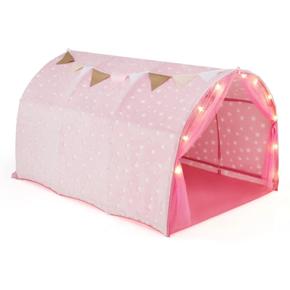 Kids Dream Bed Tent Twin Bunk Bed with Glow in the Dark Stars and Lights-Pink - Pink - Play Tents & Playhouse