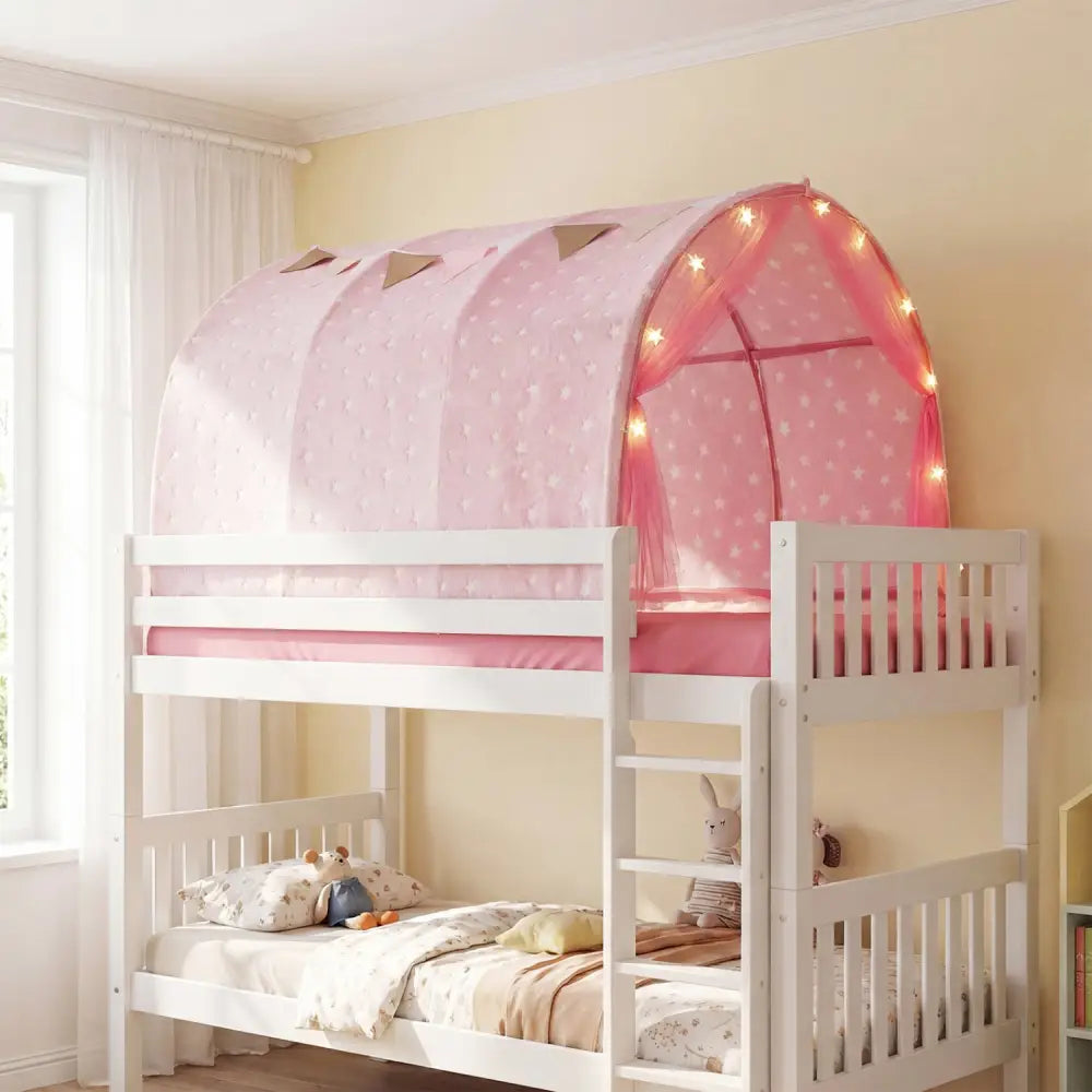 Kids Dream Bed Tent Twin Bunk Bed with Glow in the Dark Stars and Lights-Pink - Pink - Play Tents & Playhouse