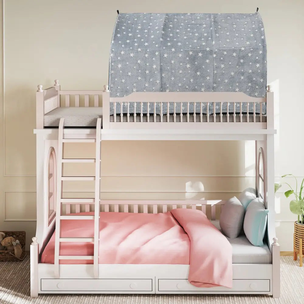 Kids Dream Bed Tent Twin Bunk Bed with Glow in the Dark Stars and Lights-Gray - Gray - Play Tents & Playhouse