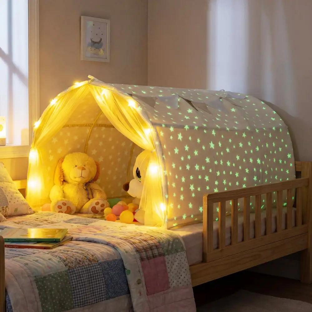 Kids Dream Bed Tent Twin Bunk Bed with Glow in the Dark Stars and Lights-Beige - Beige - Play Tents & Playhouse