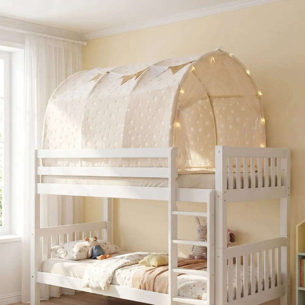 Kids Dream Bed Tent Twin Bunk Bed with Glow in the Dark Stars and Lights-Beige - Beige - Play Tents & Playhouse