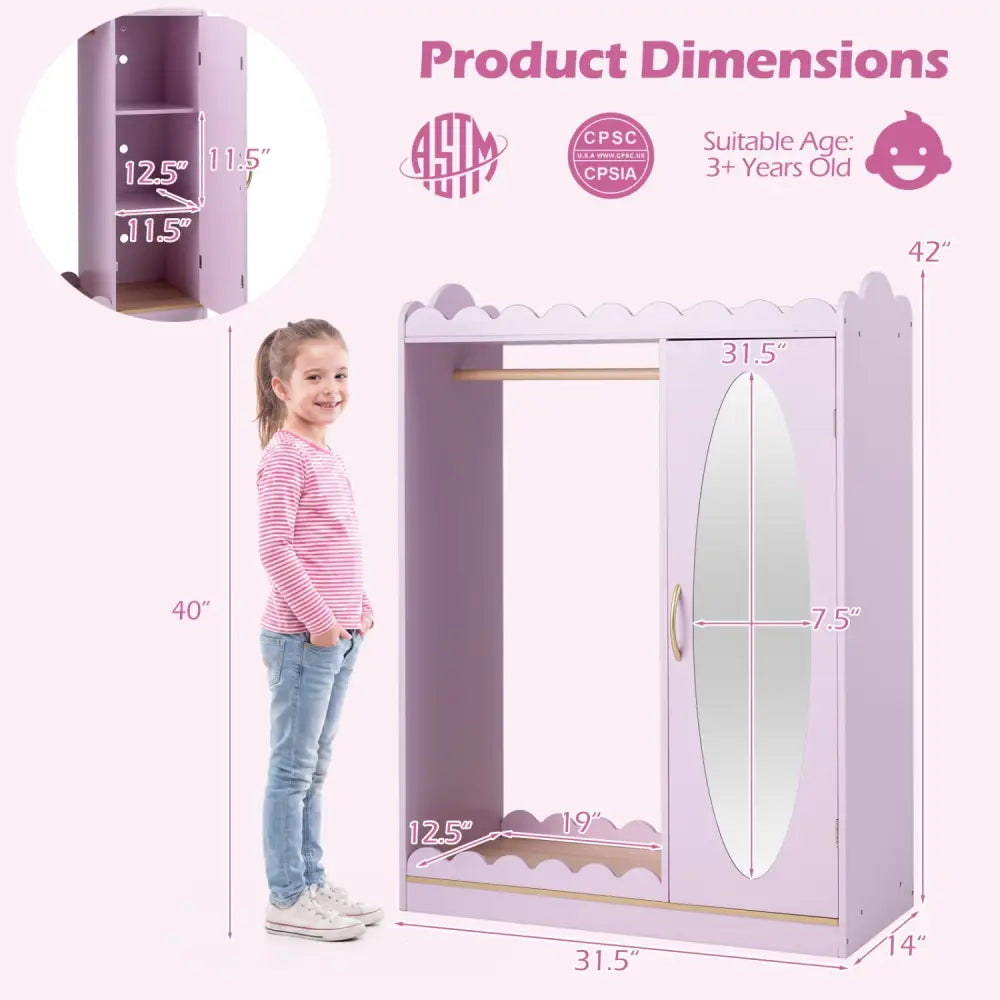 Kids Dress Up Storage with Full Length Mirror and Door Cabinet-Pink - Pink - Kids Storage