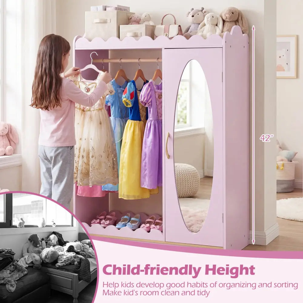 Kids Dress Up Storage with Full Length Mirror and Door Cabinet-Pink - Pink - Kids Storage