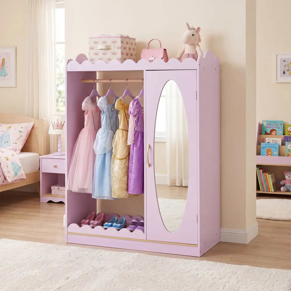 Kids Dress Up Storage with Full Length Mirror and Door Cabinet-Pink - Pink - Kids Storage
