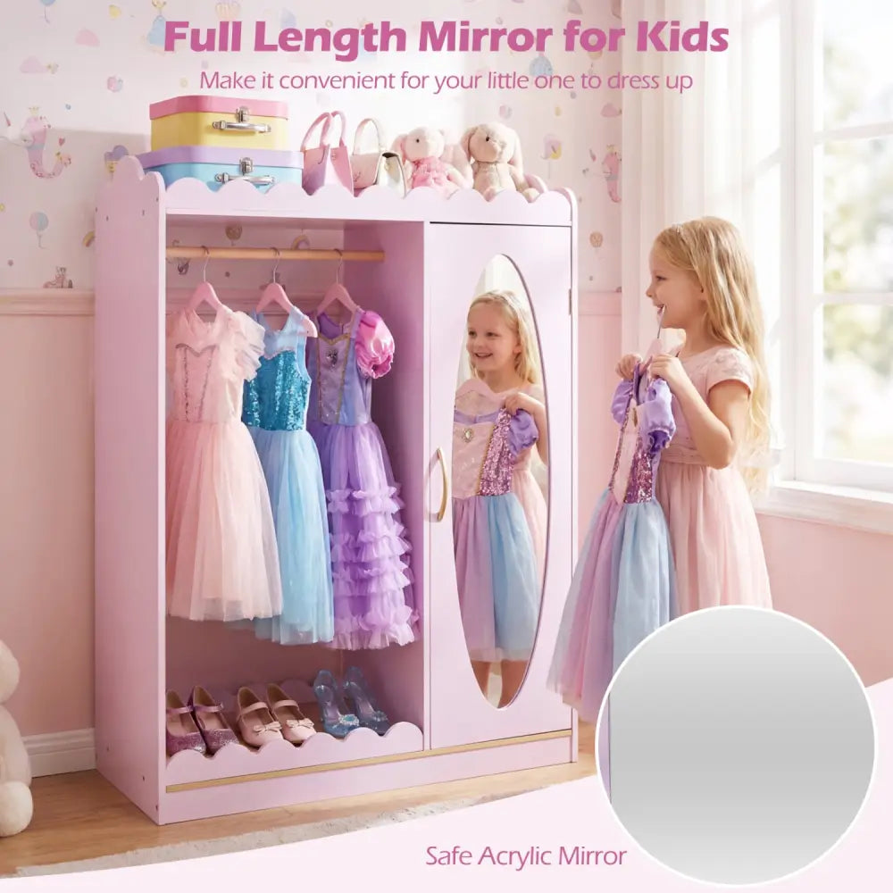 Kids Dress Up Storage with Full Length Mirror and Door Cabinet-Pink - Pink - Kids Storage