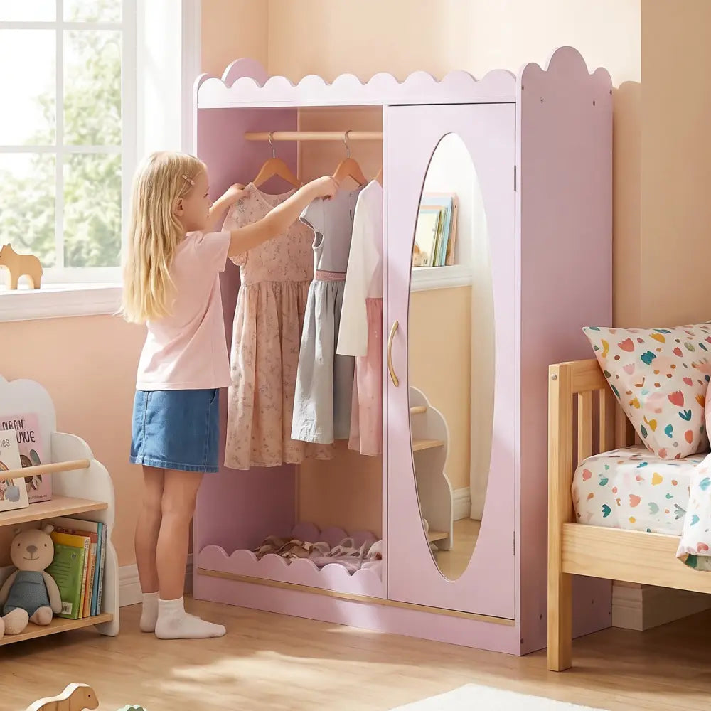 Kids Dress Up Storage with Full Length Mirror and Door Cabinet-Pink - Pink - Kids Storage