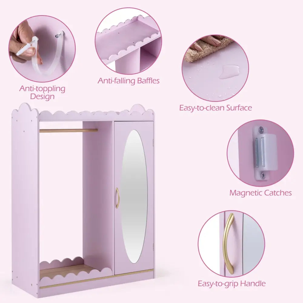 Kids Dress Up Storage with Full Length Mirror and Door Cabinet-Pink - Pink - Kids Storage