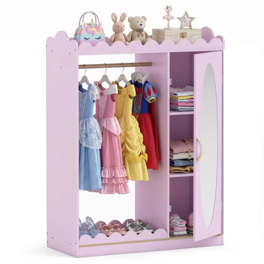 Kids Dress Up Storage with Full Length Mirror and Door Cabinet-Pink - Pink - Kids Storage