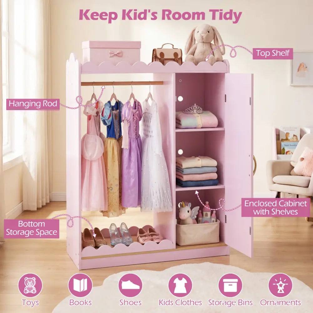 Kids Dress Up Storage with Full Length Mirror and Door Cabinet-Pink - Pink - Kids Storage