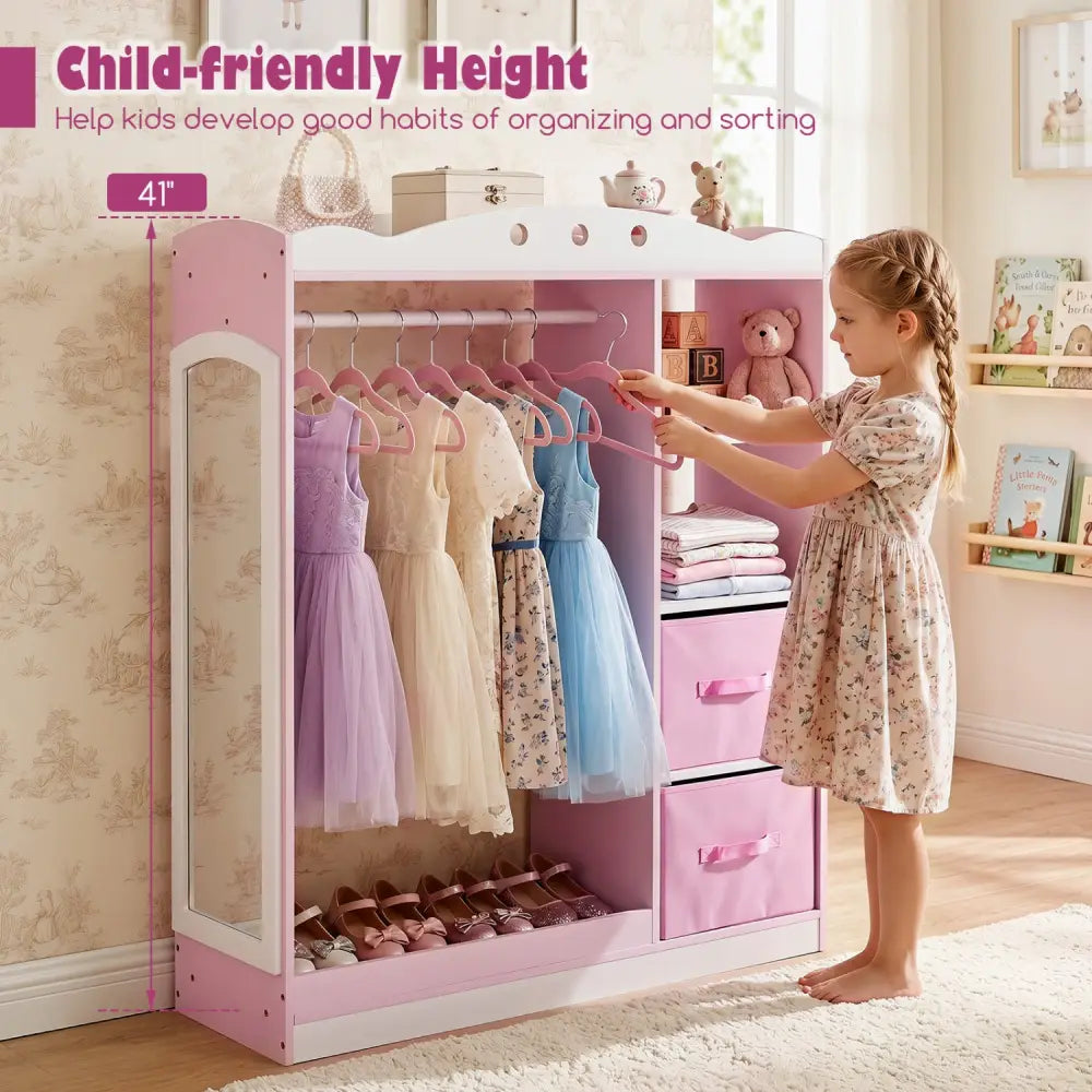 Kids Dress Up Storage with Full Length Mirror and Open Shelves-Pink - Pink - Kids Storage