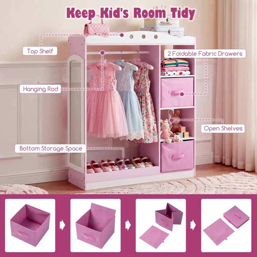 Kids Dress Up Storage with Full Length Mirror and Open Shelves-Pink - Pink - Kids Storage