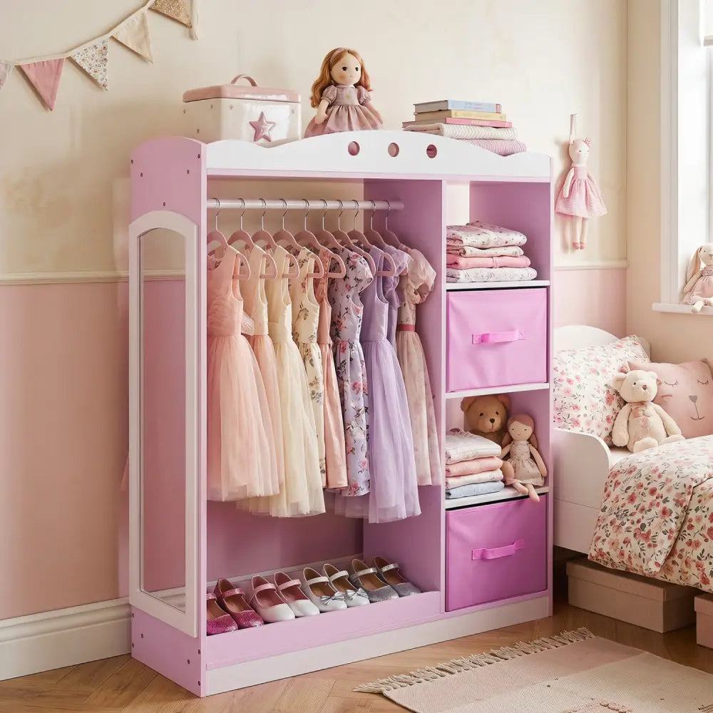 Kids Dress Up Storage with Full Length Mirror and Open Shelves-Pink - Pink - Kids Storage