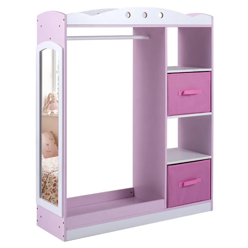 Kids Dress Up Storage with Full Length Mirror and Open Shelves-Pink - Pink - Kids Storage