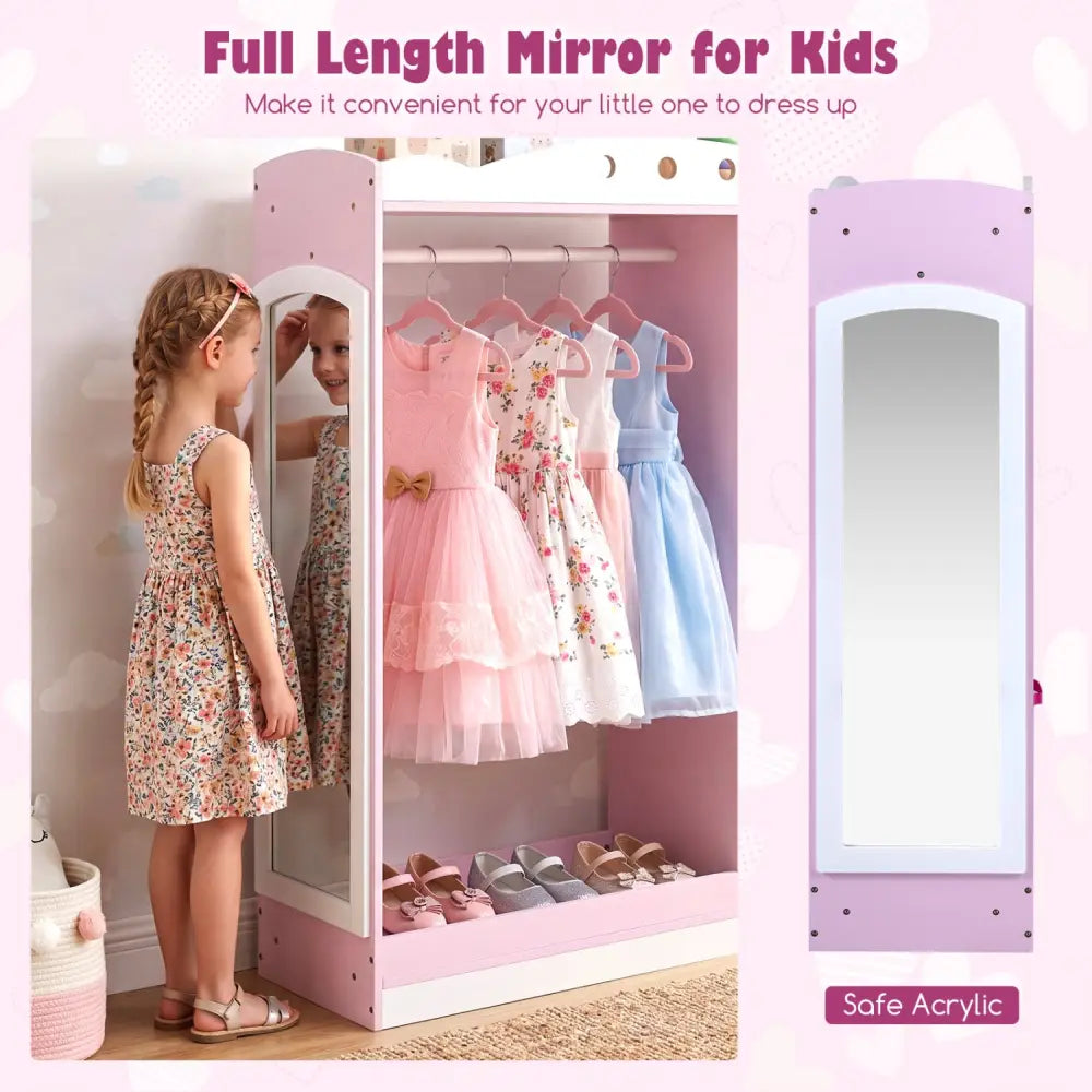 Kids Dress Up Storage with Full Length Mirror and Open Shelves-Pink - Pink - Kids Storage