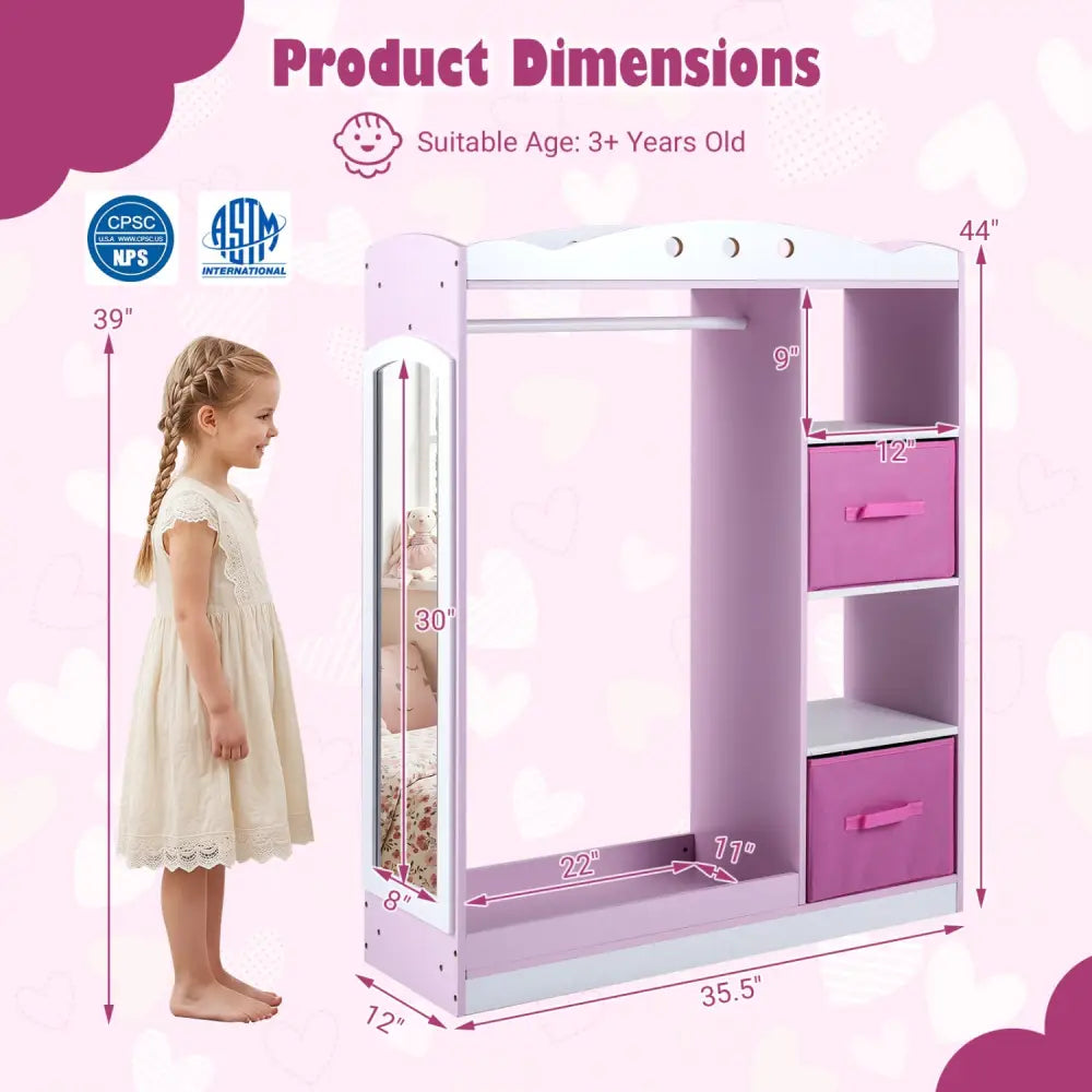 Kids Dress Up Storage with Full Length Mirror and Open Shelves-Pink - Pink - Kids Storage