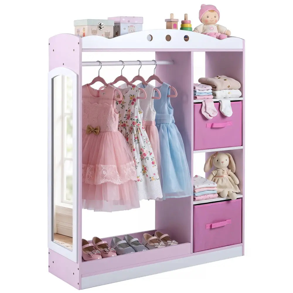 Kids Dress Up Storage with Full Length Mirror and Open Shelves-Pink - Pink - Kids Storage