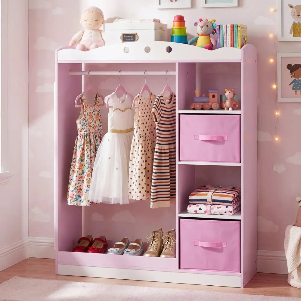 Kids Dress Up Storage with Full Length Mirror and Open Shelves-Pink - Pink - Kids Storage